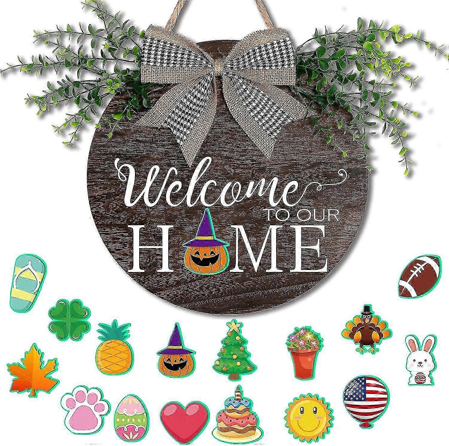 Seasonal Welcome Sign Front Door Porch Decor, Interchangeable Rustic Wood Wall Hanging Porch Decorations For Halloween, Christmas, Farmhouse Outdoor D