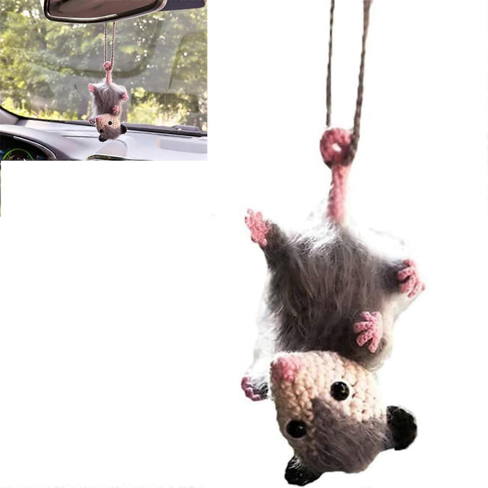 Possum Car Charm Handmade Knitted Wool Hamster Pendant For Rearview Mirror, Opossum Car Decoration, Car Mirror Ornament