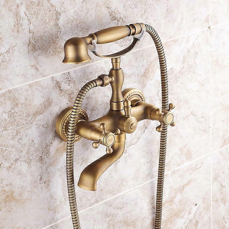 Bath Mixer Tap With Handheld Shower Head Double Cross Handle Wall Mounted Brass Retro Antique A