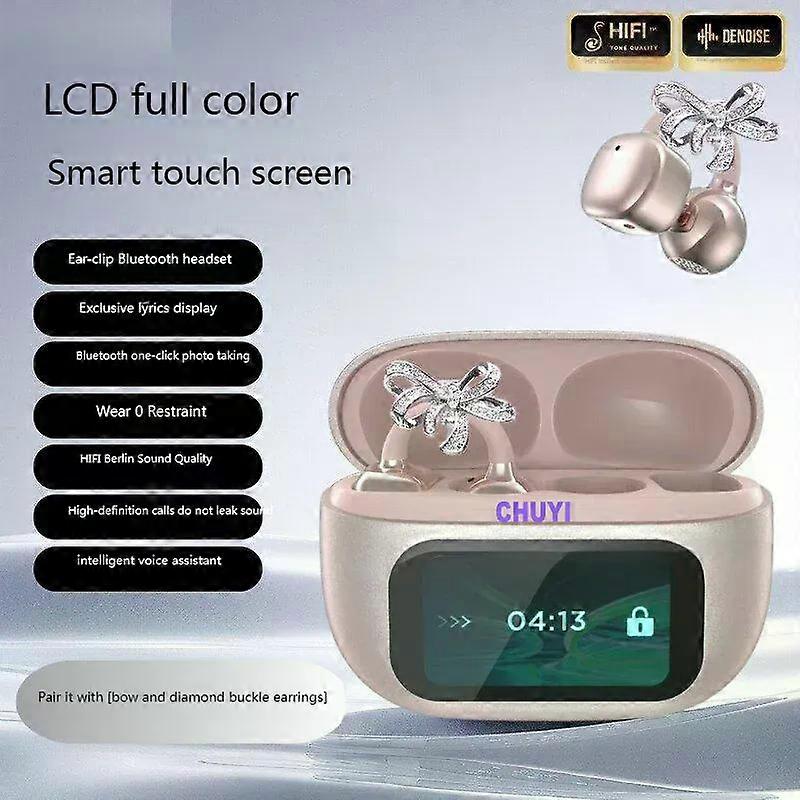 Bow Bluetooth 5.4 Clip On Earphones AI Translator Touch Screen Wireless Headphones Jewelry Earrings Noise Canceling Girls Earbud