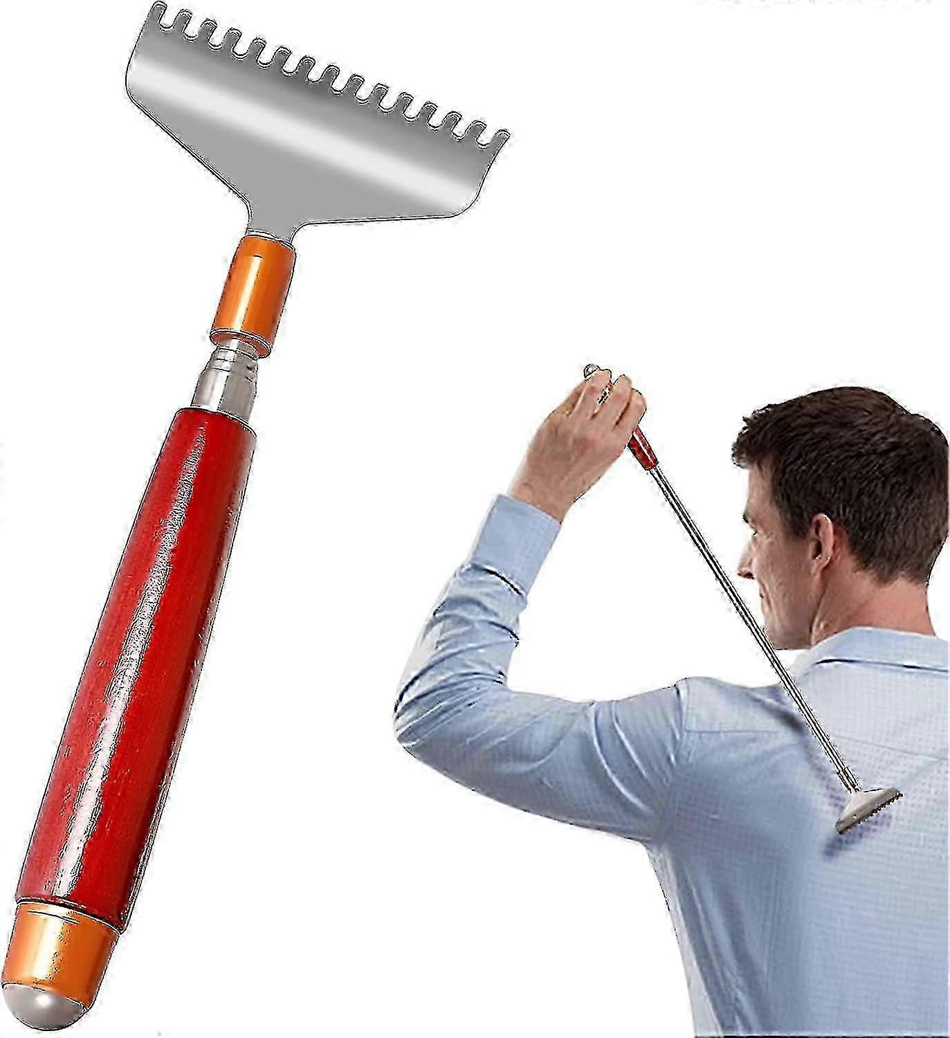 خدش الظهر العريض ، خدش الظهر القابل للتمديد للنساء الرجال مع مقبض خشبي - بكرة تدليك ، مخلب عريض للغاية 15 سنا ظهر معدني يدوي شديد التحمل S