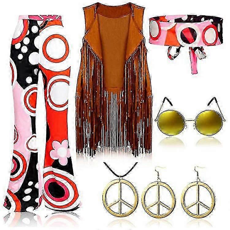 70-luvun hippijuhlat retropuku tupsuliivi+housut+huivipuku