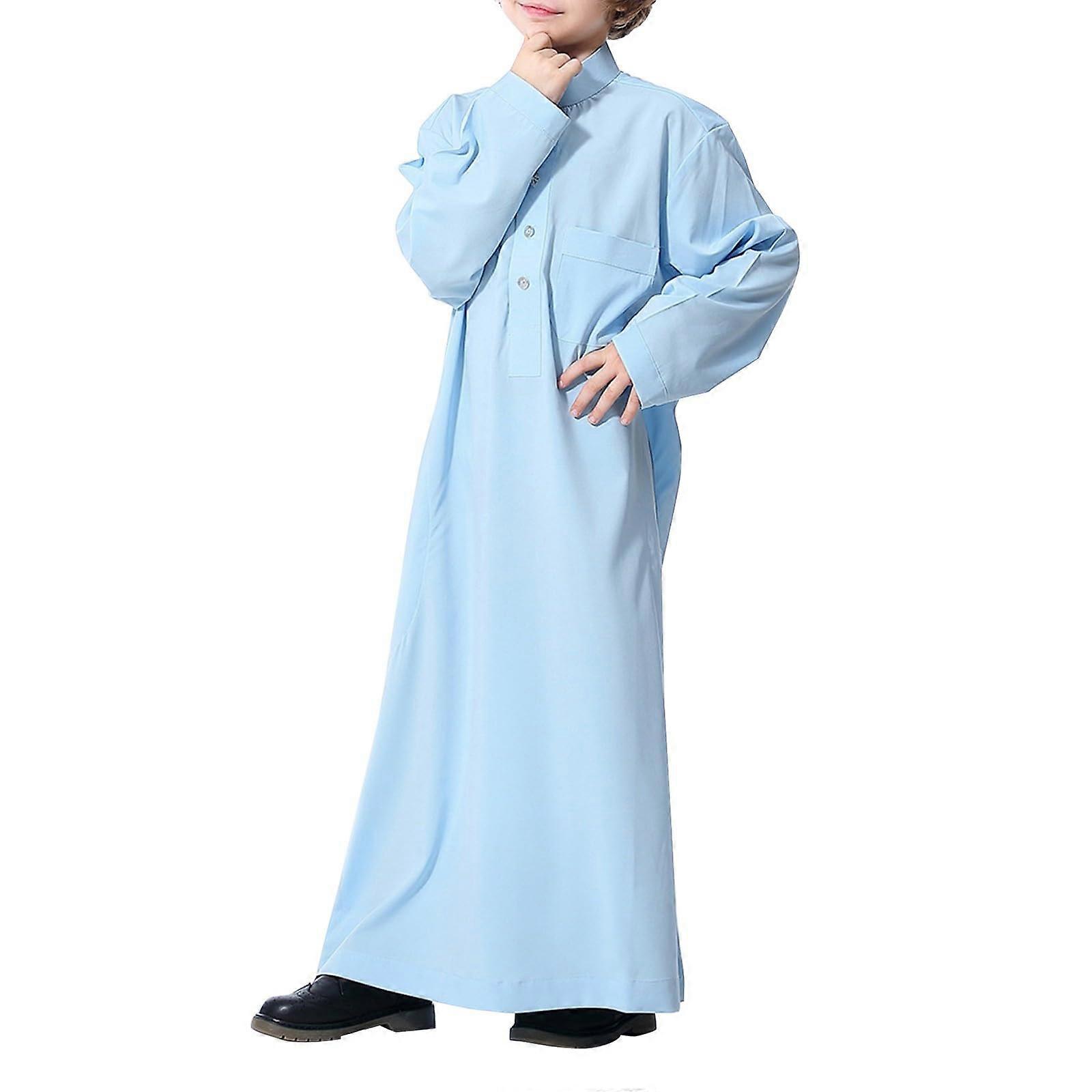 Muslim Clothes Unisex Long Sleeve Turtleneck Button Down Maxi Robe With Pockets For Kids Ages 314 Sky Blue