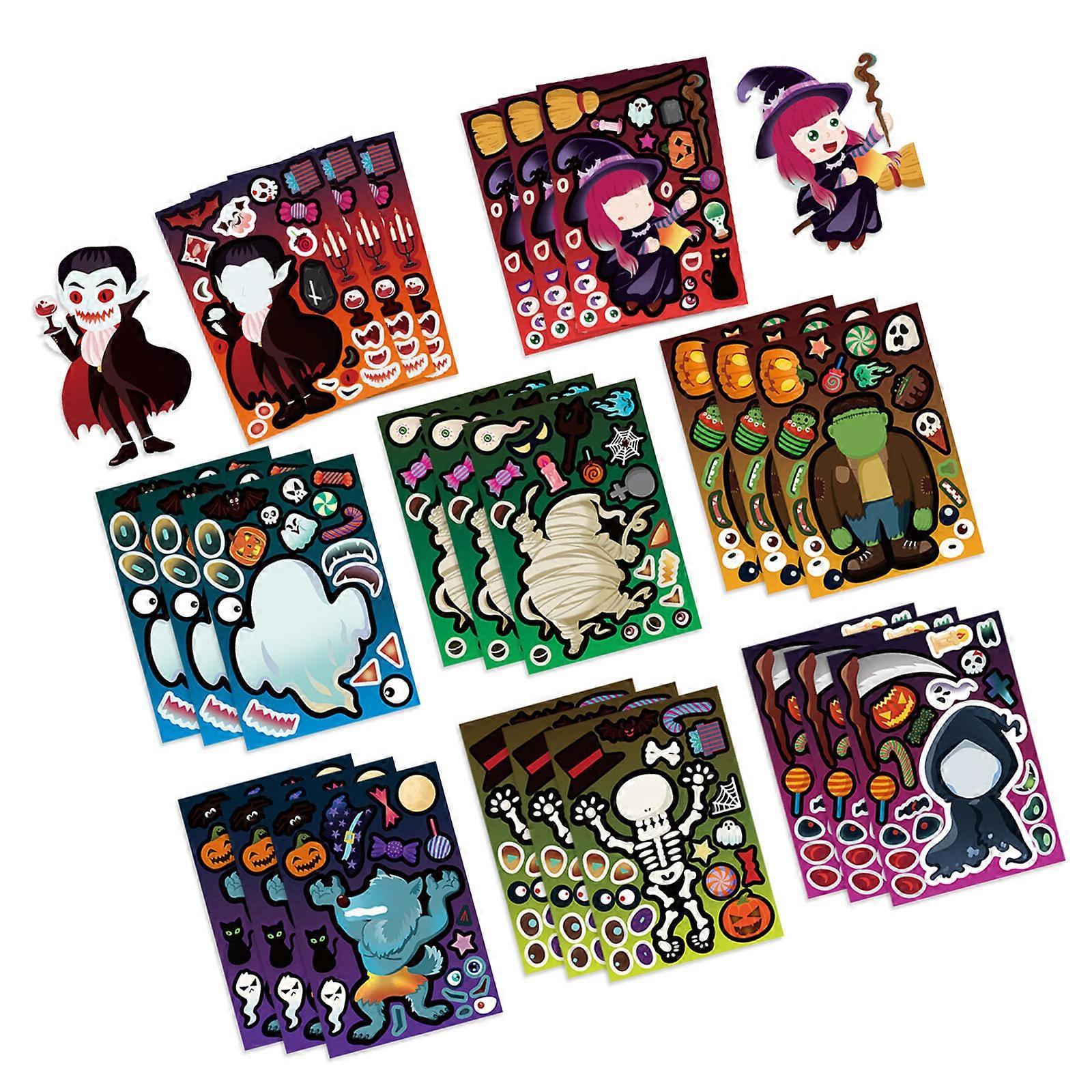 Kids Friendly Halloweens Stickers 8 Assorted Cartoon Pattern Safe Removable Tablet Decoration Multicolor