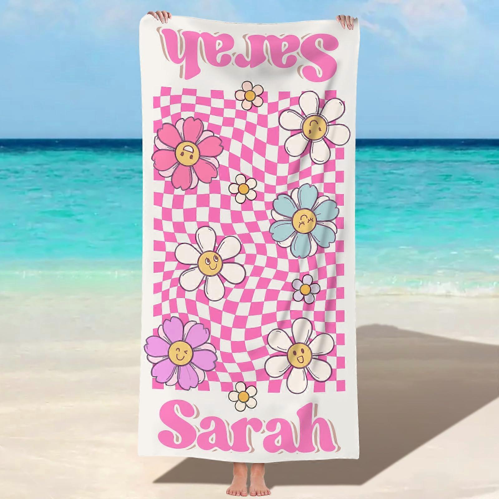 Beach Towel with Custom Name, QuickDry Microfiber, Pink Floral for Kids and Adults