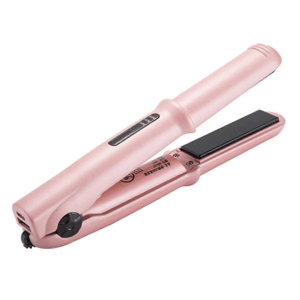 2 in 1 USB Rechargeable Hair Straightener and Curler with LED Display, Fast Heating Ceramic Plates for Home and Salon Use, Pink Black