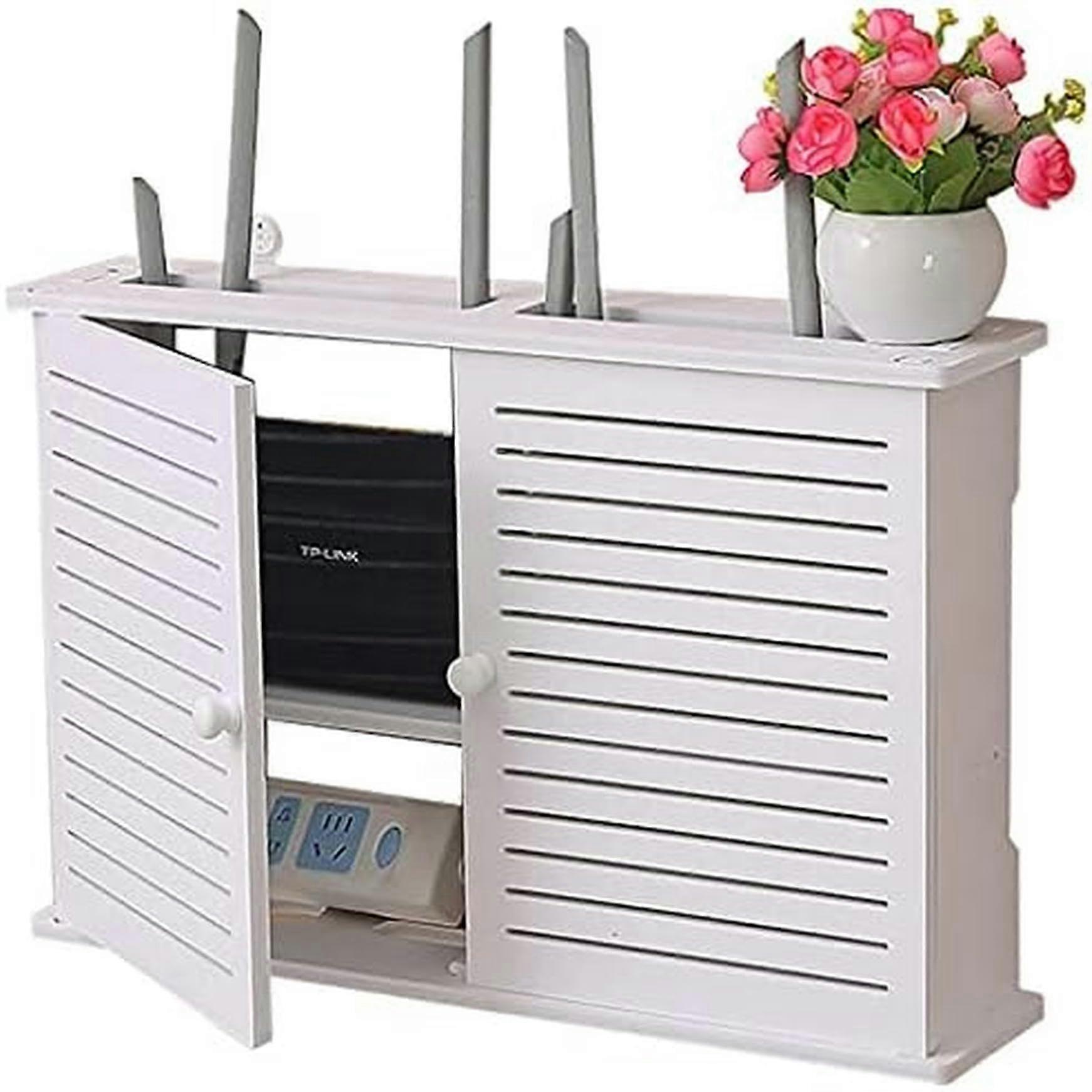 Wall Mounted WiFi Router Shelf with Cable Management, 2Tier Floating Storage Box Organizer, White