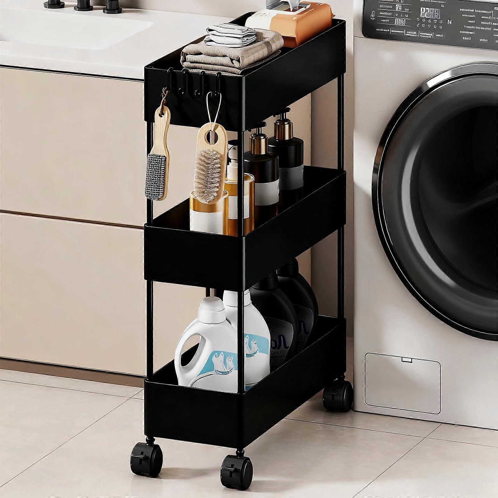 Slim Storage Rack 3Tier Rolling Cart with Wheels, SpaceSaving Shelf with Hooks for Bathroom or Kitchen