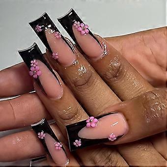 Long Square Press on Nails Black French Tip Fake Nails with 3D Flower Design, 24pcs Acrylic Set