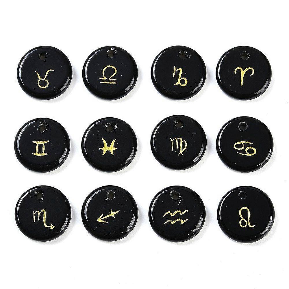 Natural Obsidian Pendants Flat Round with Constellation Pattern 12x3mm Hole: 1.4mm 12pcs/set