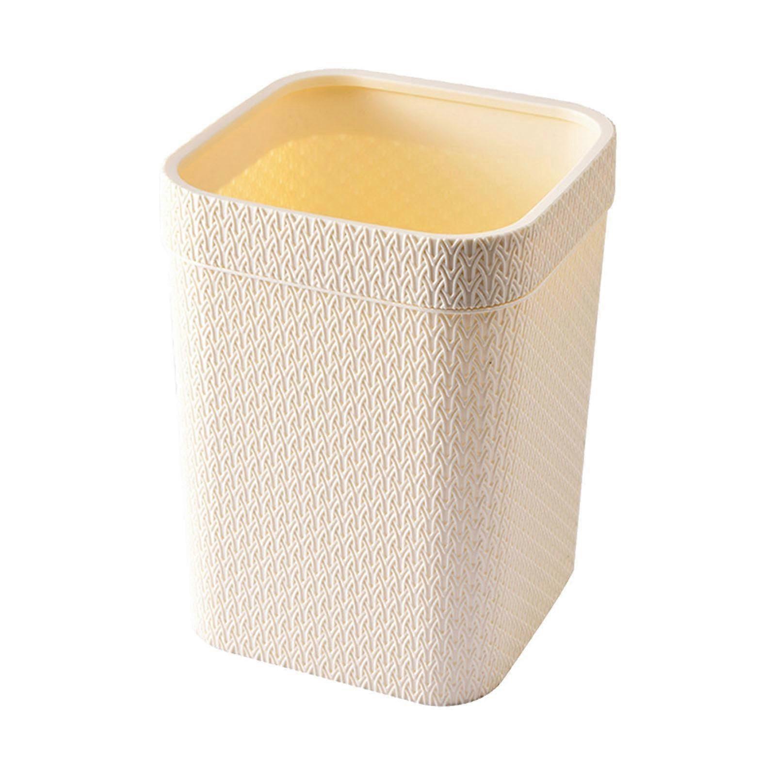 Rattan Pattern Trash Can 12L Decorative Waste Bin with Wide Opening and Elevated Base White Apricot