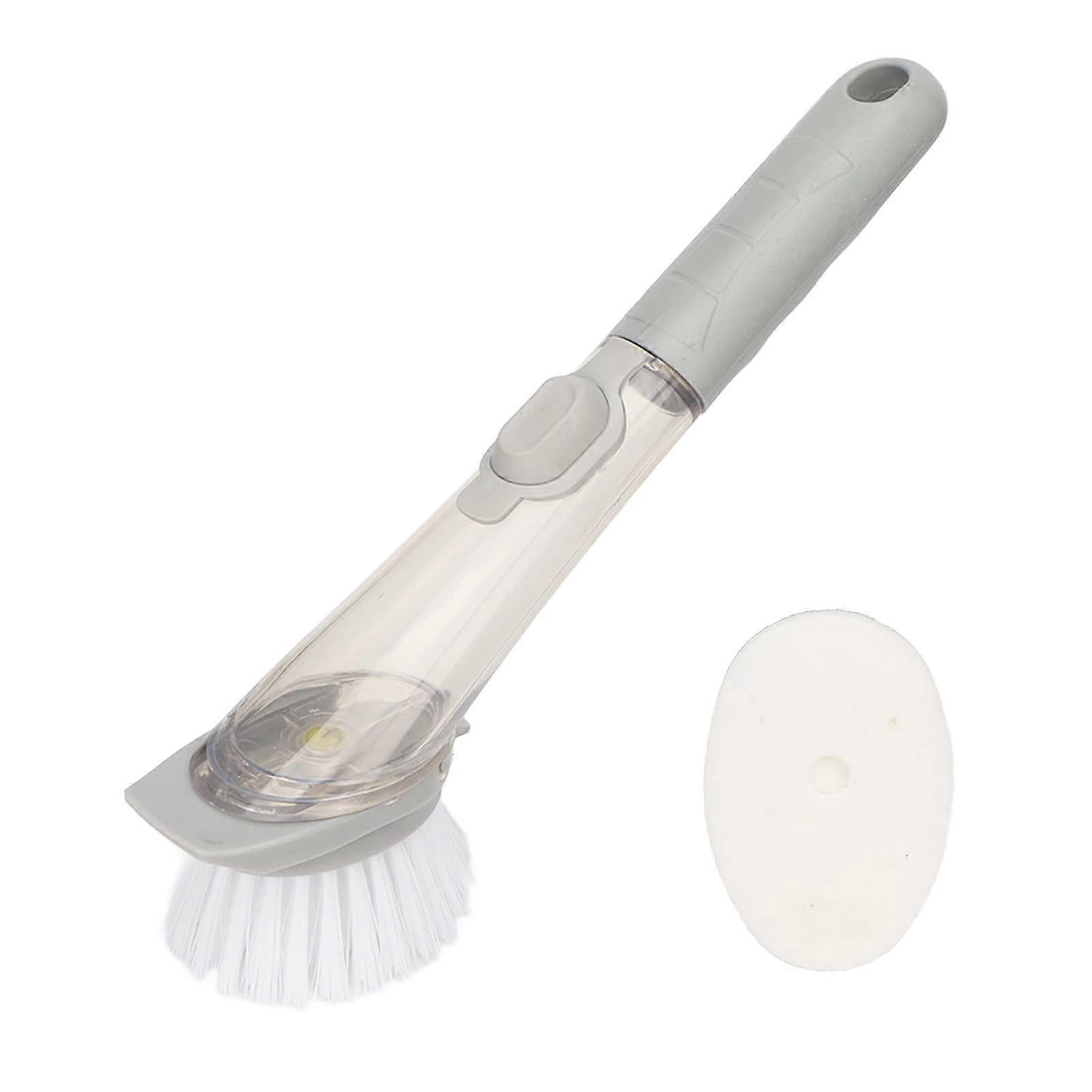 Soap Dispensing Dish Brush with Long Handle, Replaceable Heads, Builtin Scraper for Pots and Pans