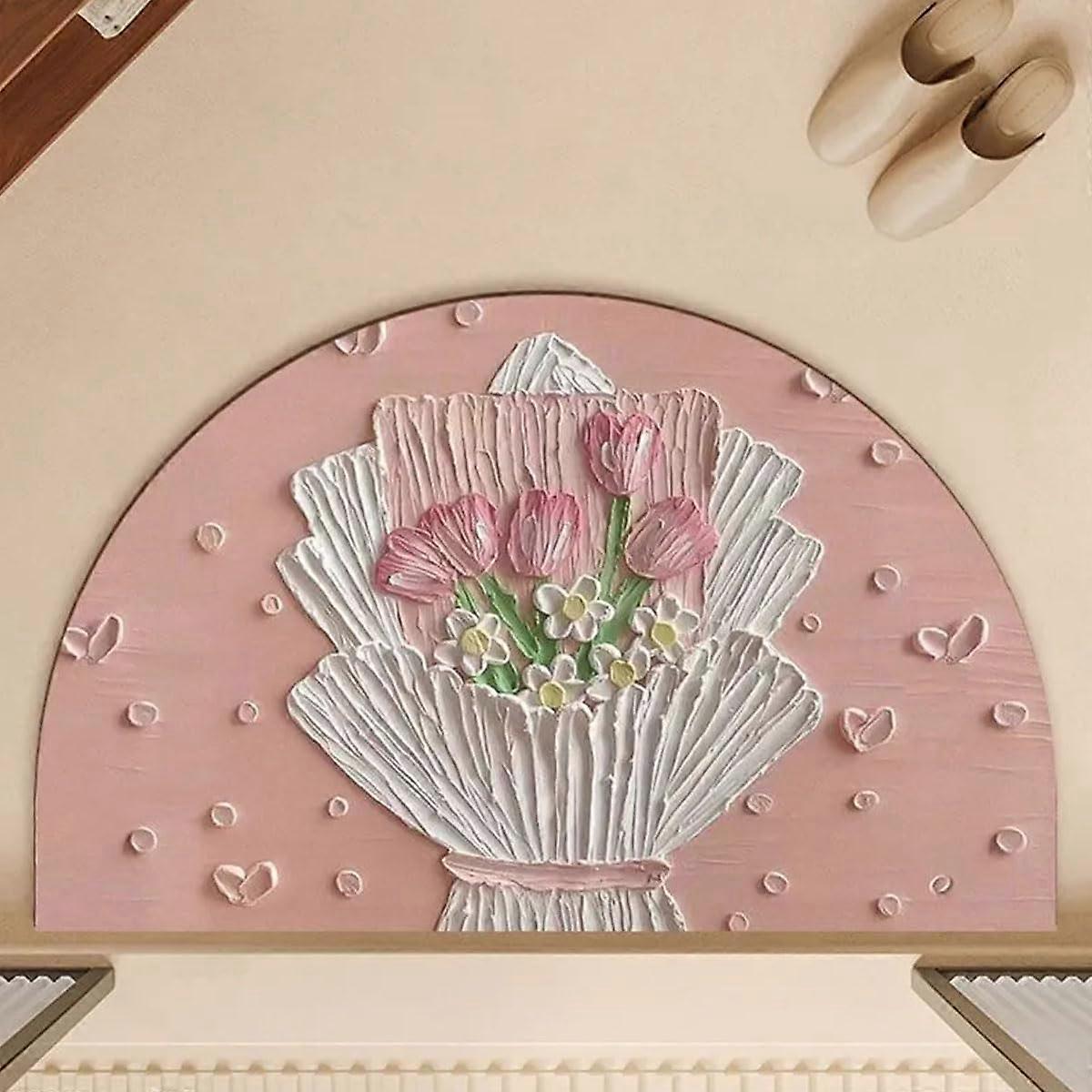 Fast Drying Diatomaceous Earth Bath Mat with Cherry Blossom Pattern, Irregular Half Circle Rug 20x32in