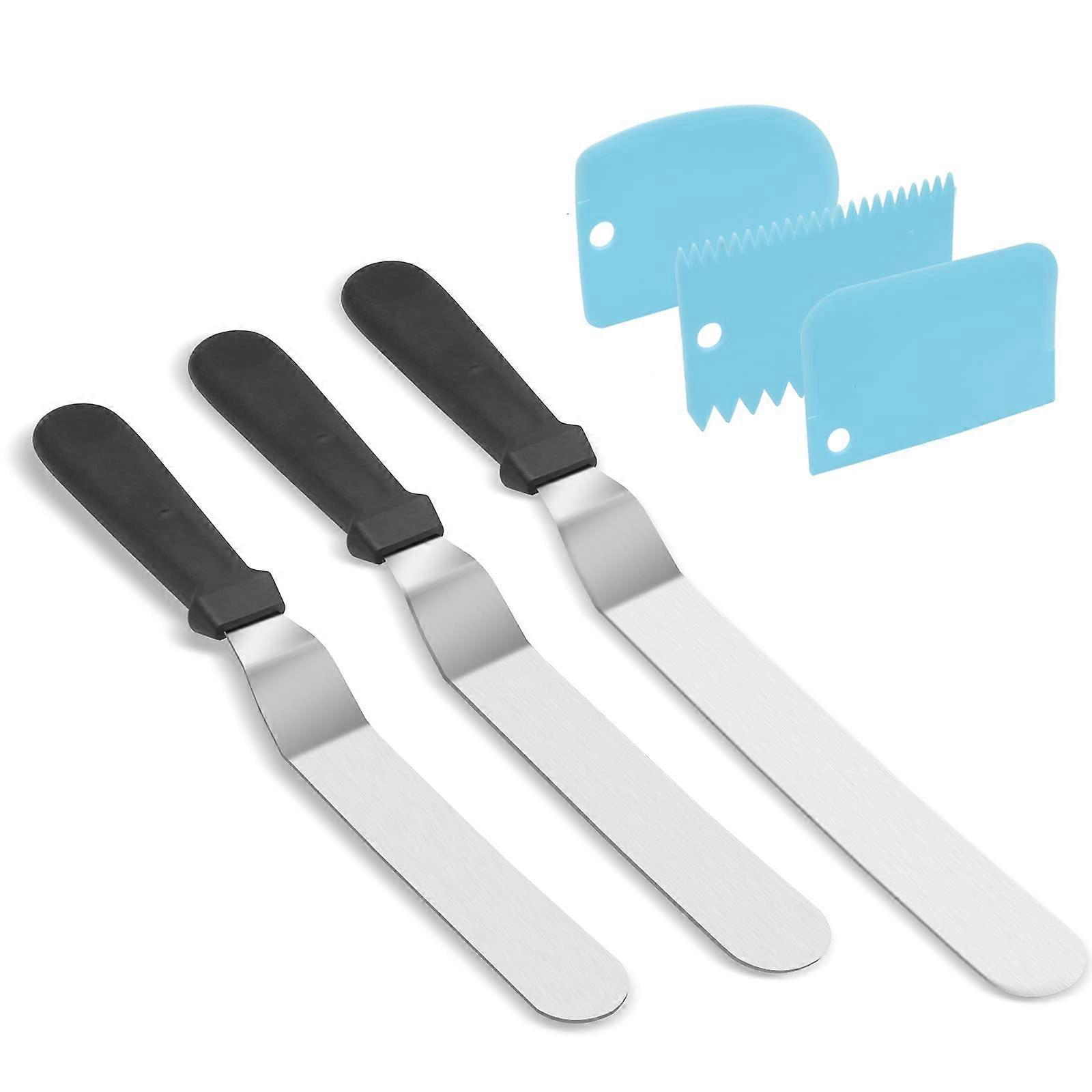 Cake Decorating Tools Stainless Steel Offset Spatula Set with Cake Scrapers, Ergonomic Grip Blue