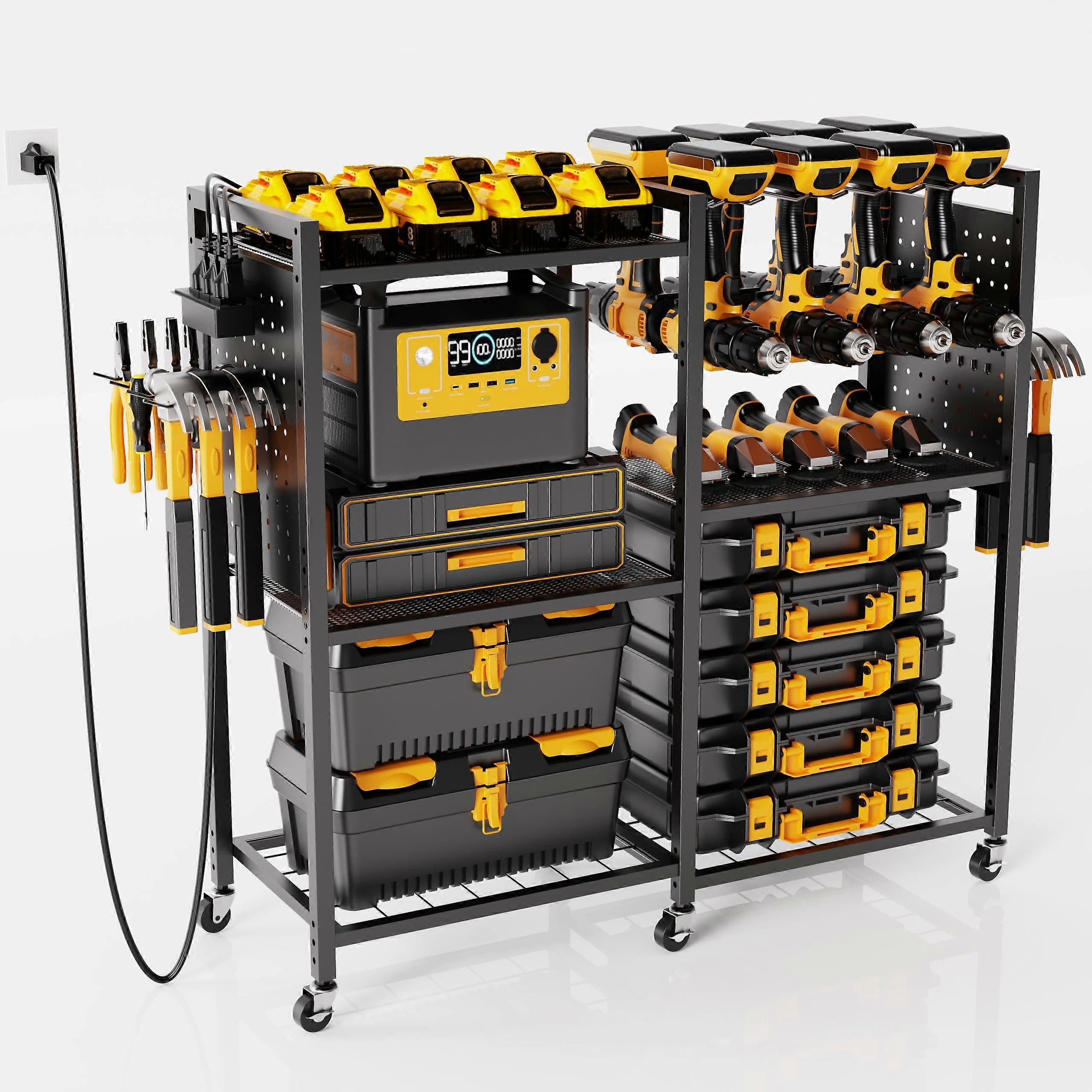 Power Tool Organizer with Charging Station, Rolling Garage Storage Cart with Smooth Mobility