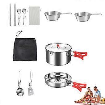 Juego de utensilios de cocina de acero inoxidable para acampar de 10 piezas con utensilios, calentamiento rápido, ligero para senderismo y mochileros.