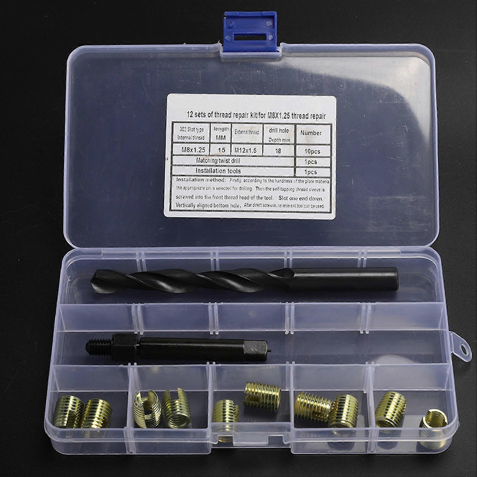 12PCS M8 x 1.25 Thread Repair Kit Self Tapping Thread Inserts Tool Set