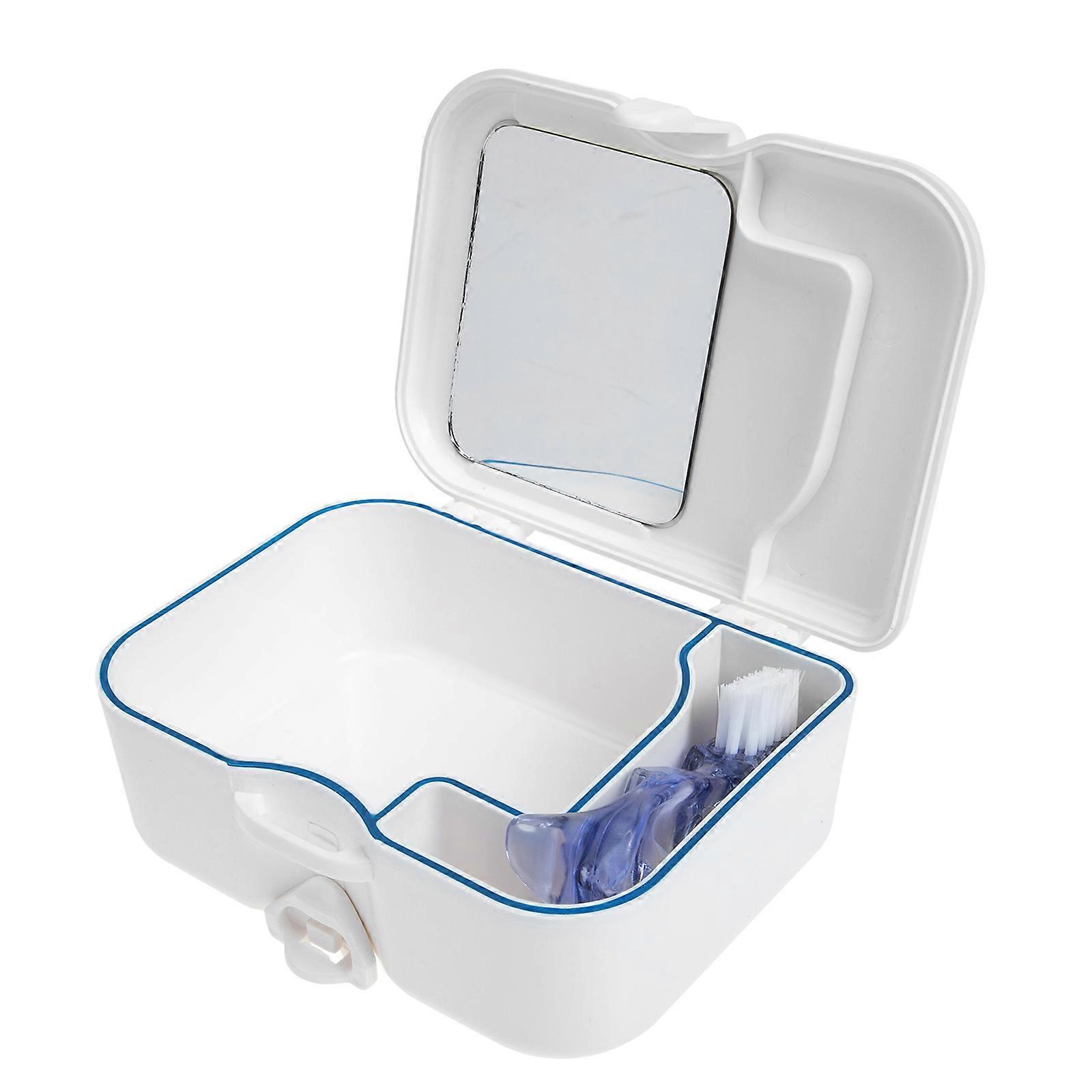 Denture Case with Mirror and Brush for Storage Use Plastic White