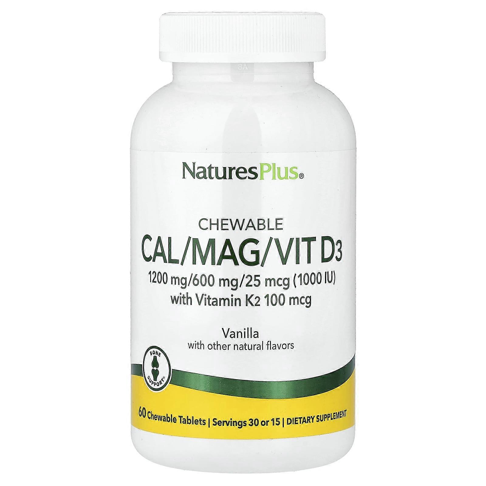 NaturesPlus, Chewable Cal/Mag/Vit D3 with Vitamin K2, Vanilla, 60 Chewable Tablets, 2-Pack
