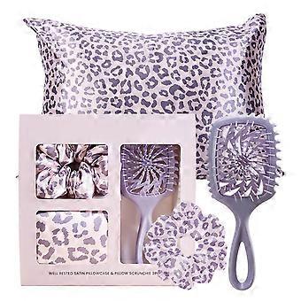 Soft Faux Leopard Print 3 In 1 Hair Brush Set with Hair Tie Pillowcase For Sensitive Scalp And Tropical Climates Multicolor