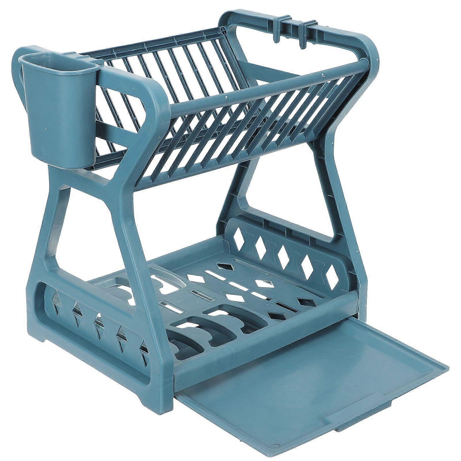 1Set Dish Drying Rack Blue Rectangular Plastic Draining Storage for Kitchen Utensils Daily Use