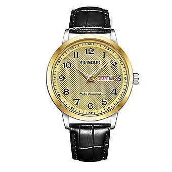 Gold-Tone Round Dial Leather Strap Watch with Date Window and Water Resistance