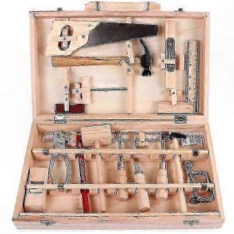Kit de herramientas de carpintería real para niños, con 16 piezas, caja de almacenamiento de metal y madera maciza, herramientas multifuncionales para el mantenimiento infantil.