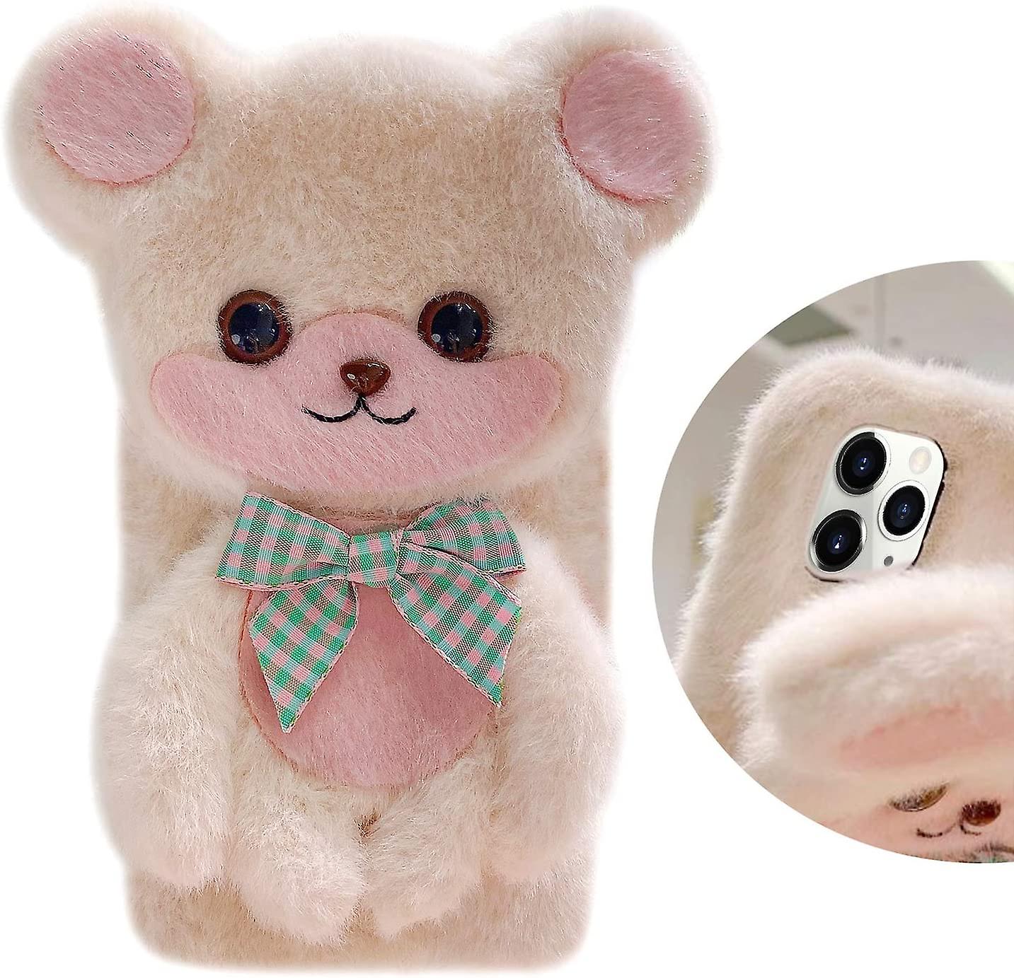 Compatible with iPhone 12 Pro Max Fuzzy Plush Case Cute 3D Funny Cartoon Bear Handmade Fluffy Furry Fur Bowknot Winter Warm Smooth White