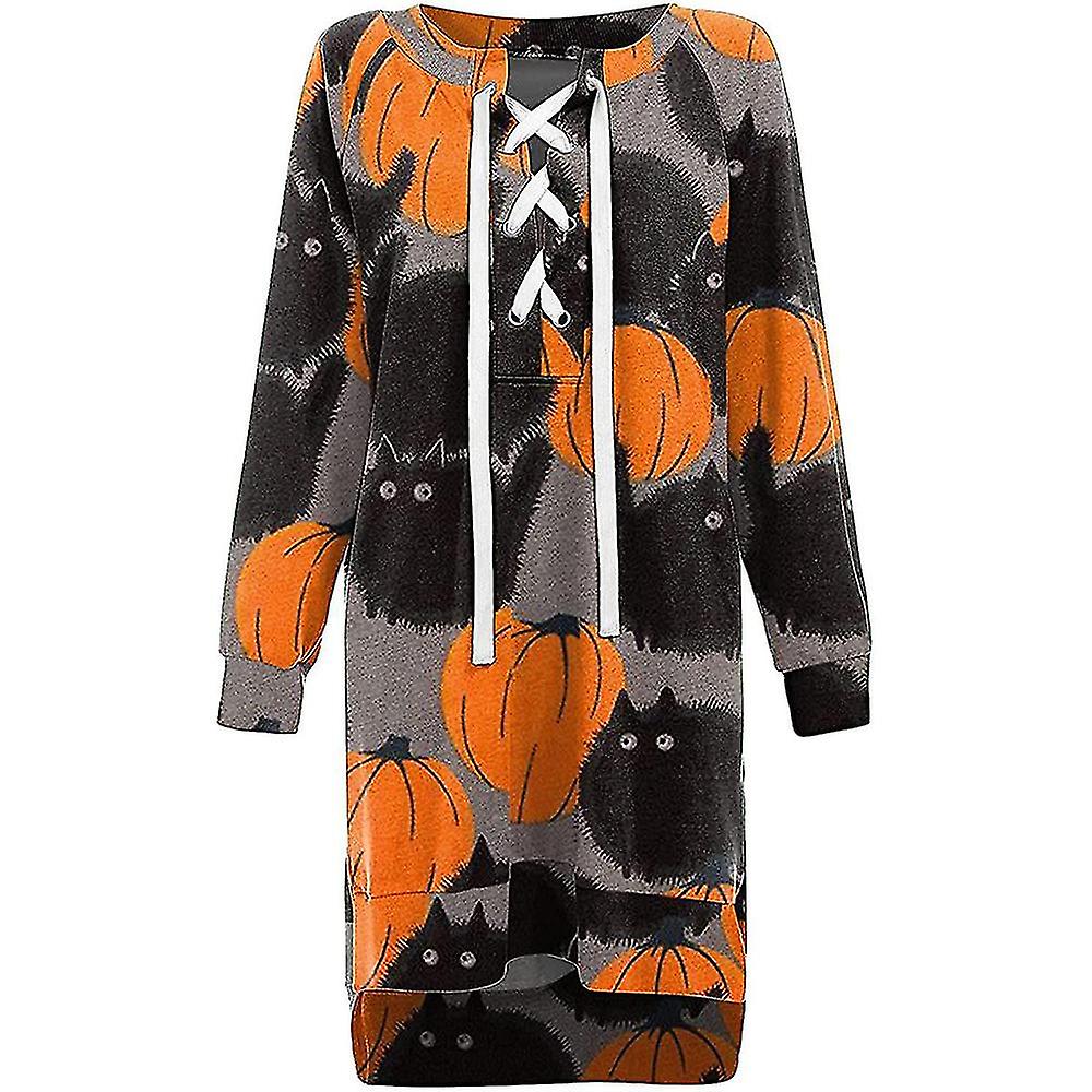 Frauen Halloween Print Langarm Spitze bis V-Ausschnitt Minikleid