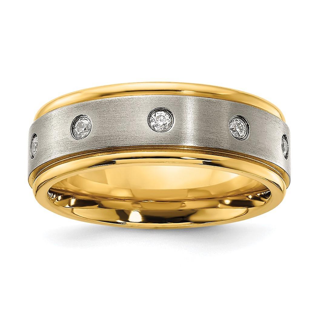 Titanium Polished With Brushed Center Yellow Ip Plated Cubic Zirconia 8.00mm Band-Band Style Ring for Women and Men - Ri