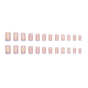French Daisy Square Tips False Nail Medium-length Long Lasting Nail With Glitter For Women And Girl Nail Salon