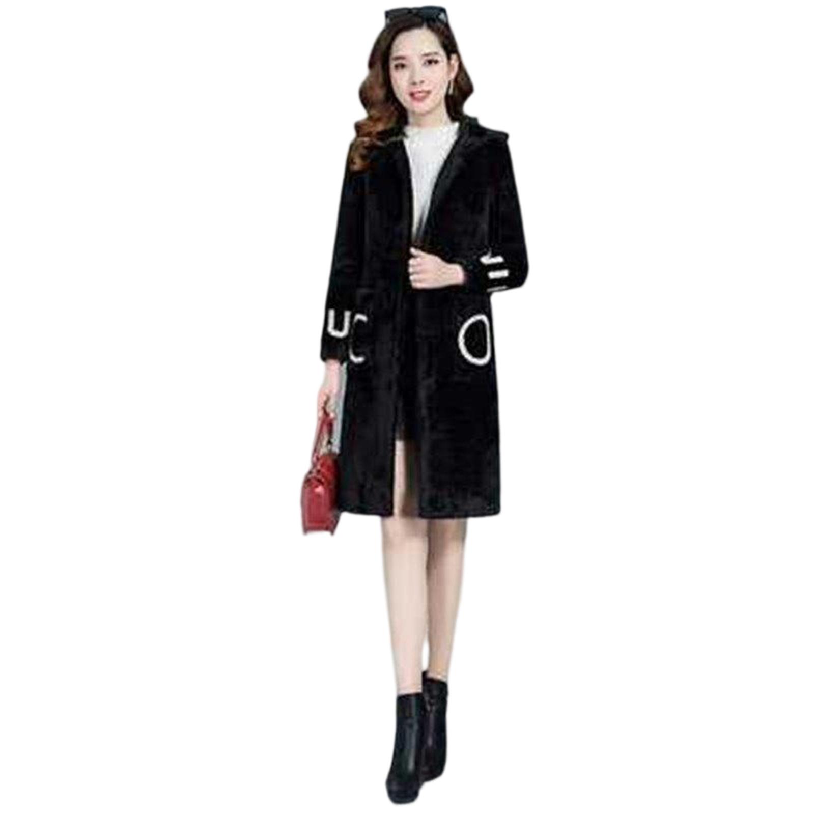 Hooded Long Sleeve Pockets Letter Print Single Breasted Plush Coat Winter Women Thickened Imitation Lambswool Overcoat