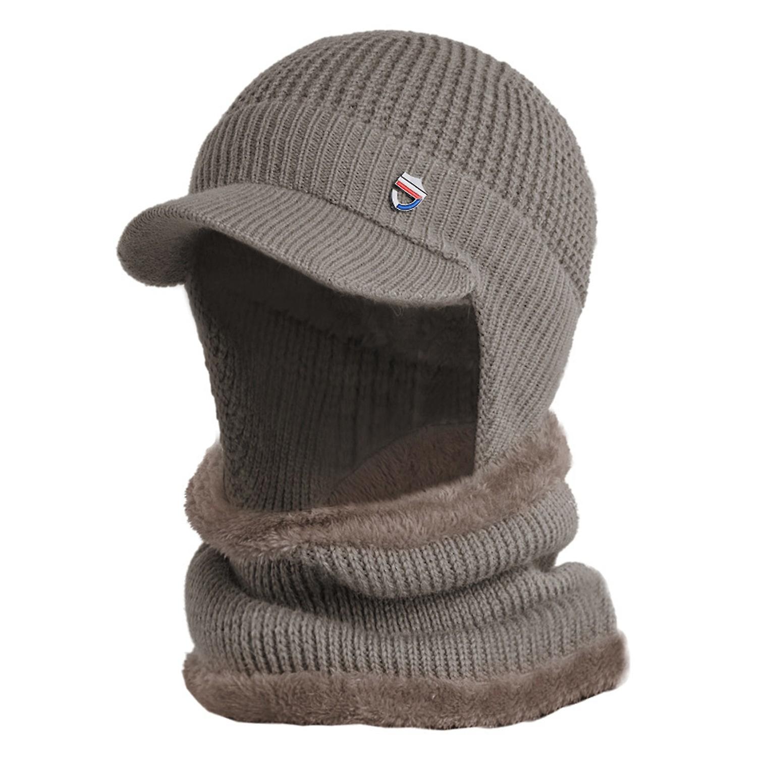 1 Set Men Hat Scarf Solid Color Short Brim Dome Thickened Plush Lining Coldproof Winter Stretch