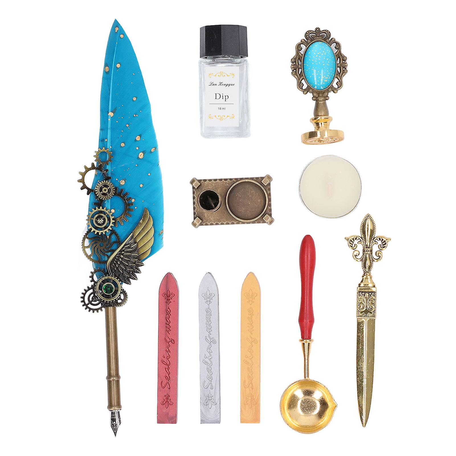 Quill Pen and Ink Set Vintage Style with Sealing Wax Stamp Glossy Quill Pen Wax Seal Stamp Set for Letter Envelope DIY Blue
