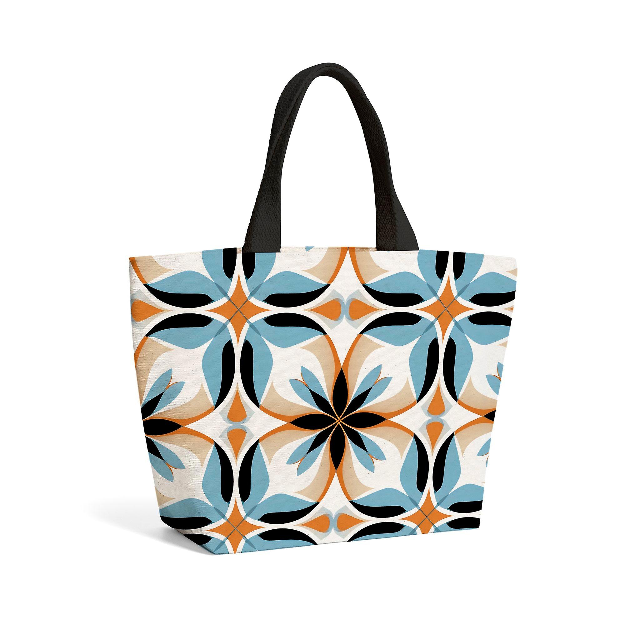 White Brown And Blue Geometric Pattern Beach Shopper Tote Bag