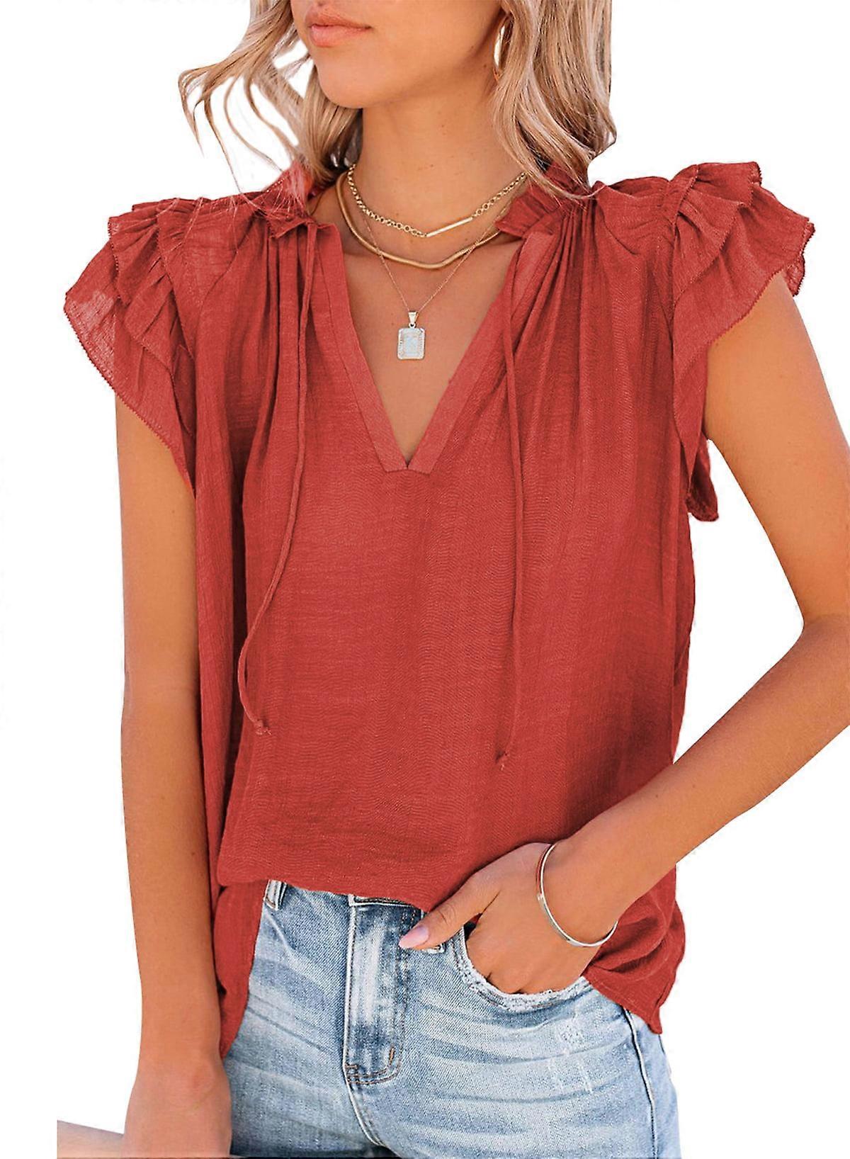 Women's Blouses V Neck Drawstring Ruffle Short Sleeve Top Casual Solid Color Ruched Loose Fit T Shirts