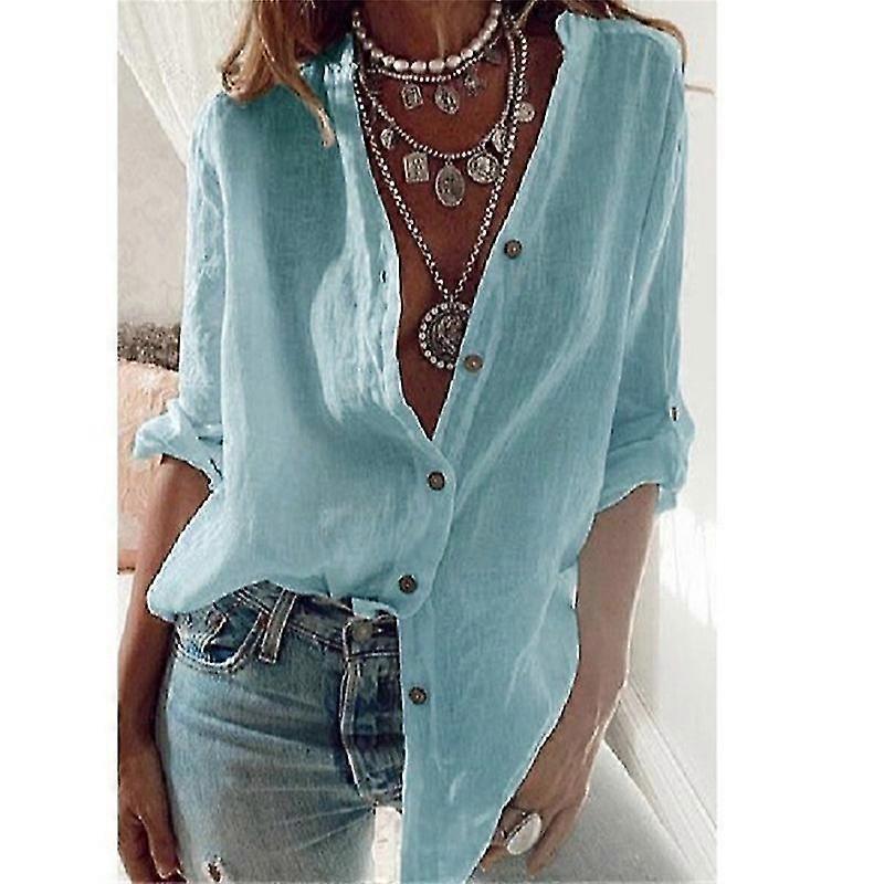 Womens V Neck Button Down Linen Shirts Long Sleeve Blouses Roll Up Casual Work Plain Solid Tops