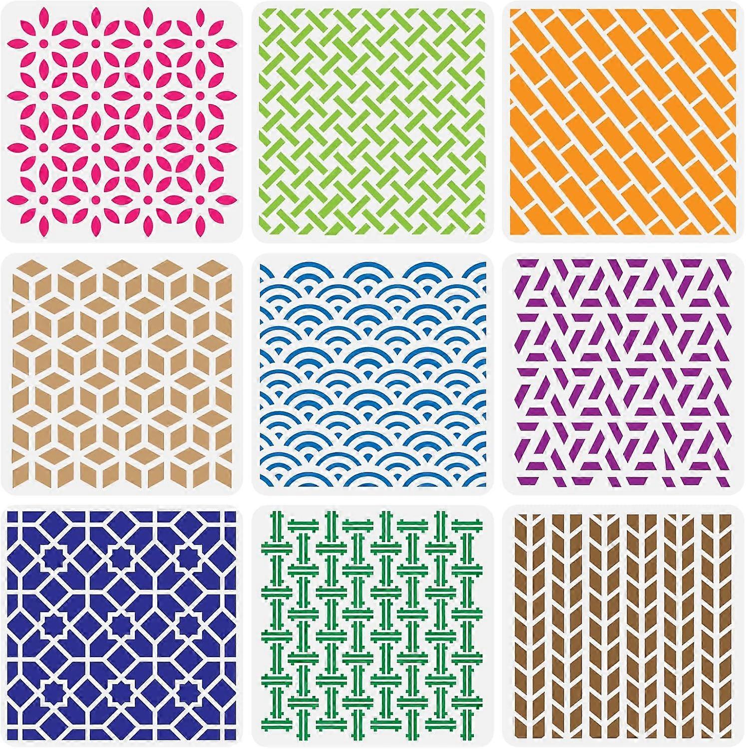 9PCS Geometric Pattern Plastic Drawing Templates 12x12 Inches Square Diamond Sector Stencil for Scrabooking Card Making DIY Wall Floor Decoration