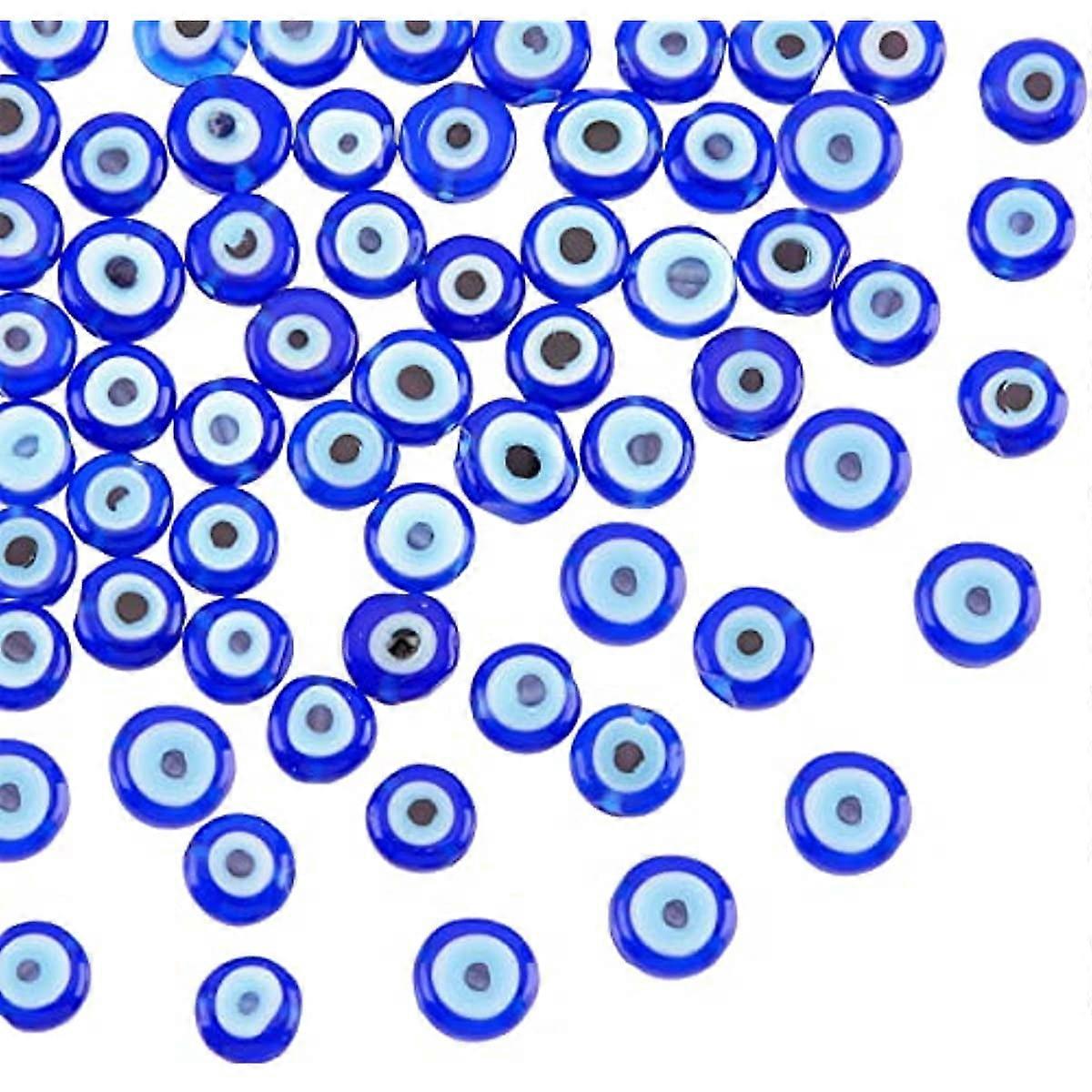 About 130Pcs 6mm Blue Flat Round Evil Eye Lampwork Glass Beads