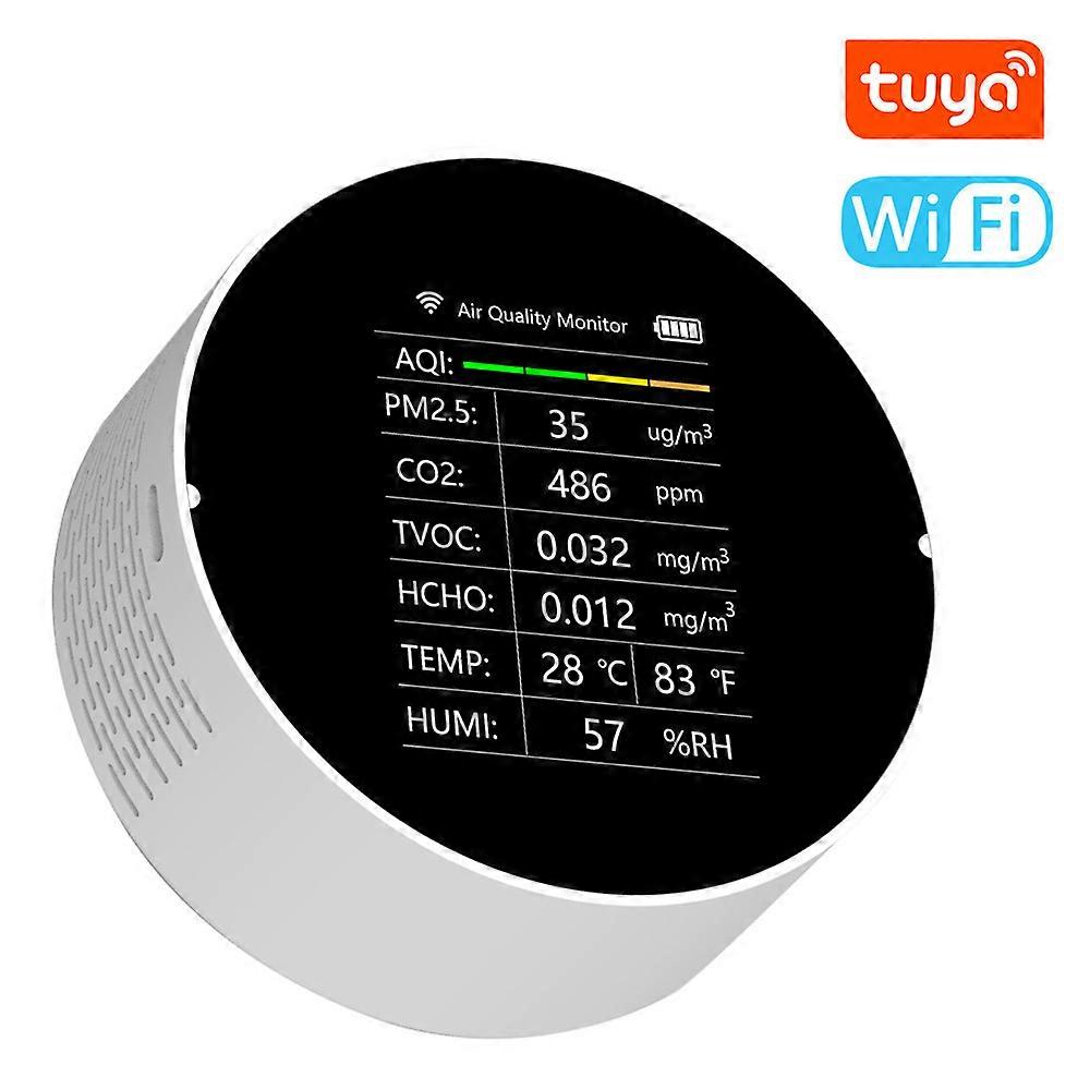 Tuya WiFi Multifunctional Air Quality Detector 7 In 1 PM2.5 TVOC CO2 HCHO Temperature Humidity AQI Detector Home Desk Office Car Indoor Air Quality Mo