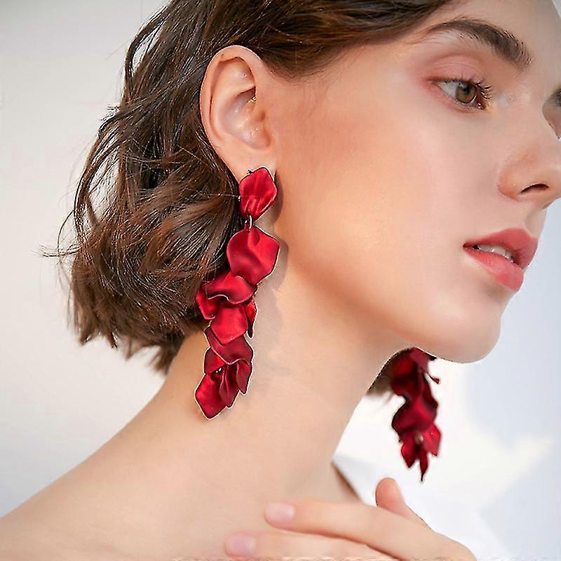 Long Acrylic Rose Petal Earrings Dangle Exaggerated Flower Earrings Drop, Red