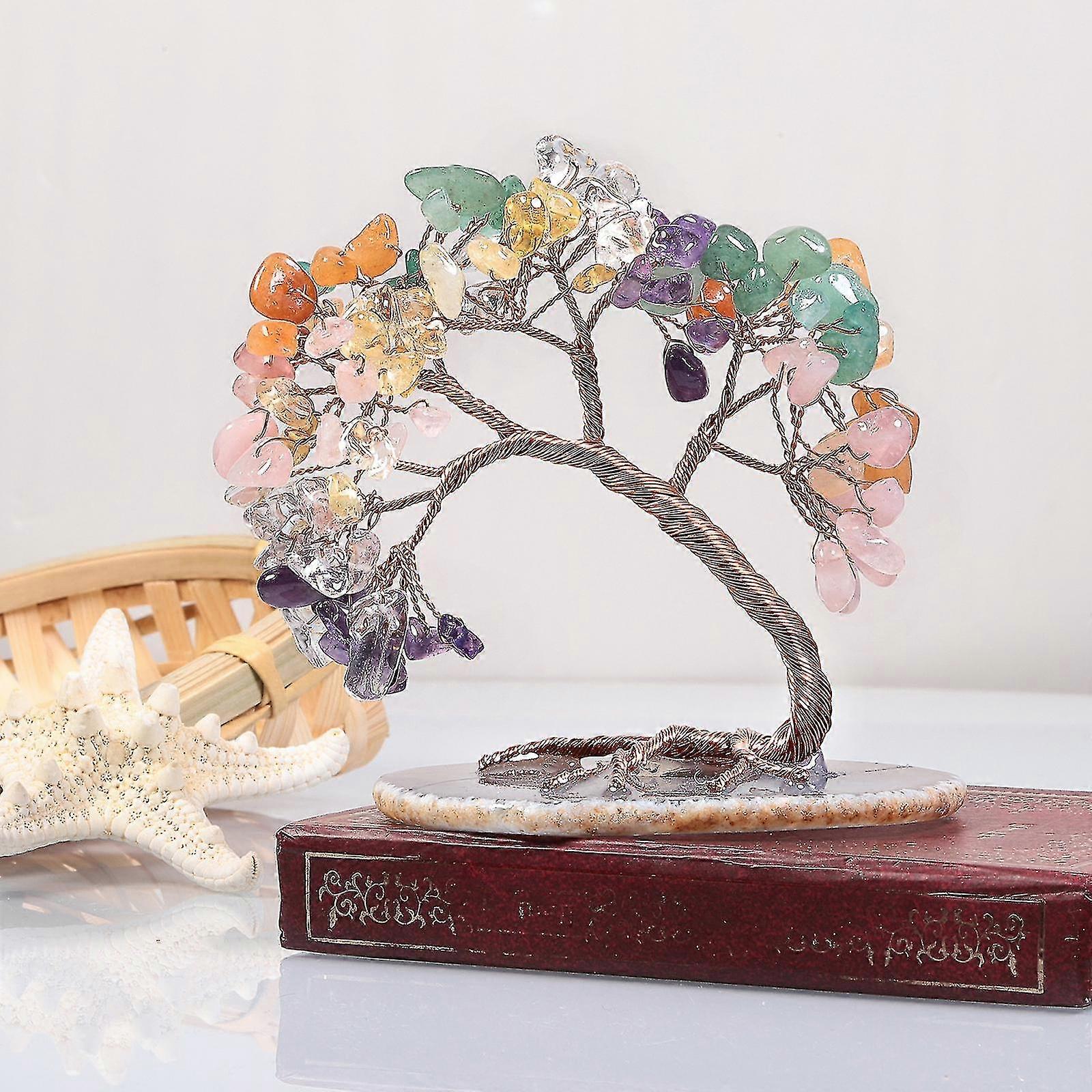 Handmade Colorized Crystal Money Tree For Good Luck Wealth Health, Figurine Bonsai On Natural Agate Slab