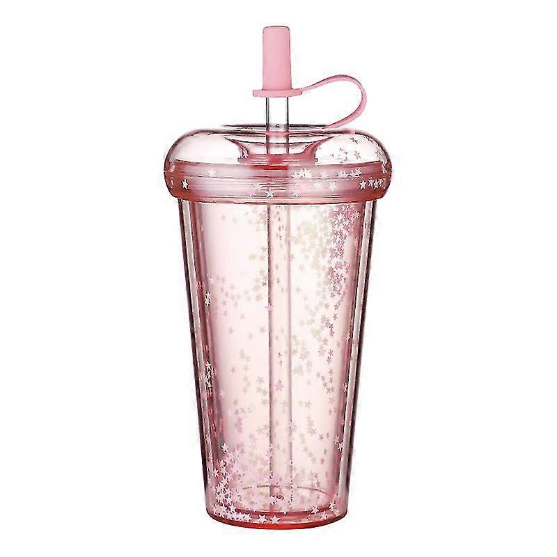 420ml Reusable Sparkling Glitter Cup With Lid Straw Transparent Sequins Water Bottle Cute Plastic Double Layer Drink Mug
