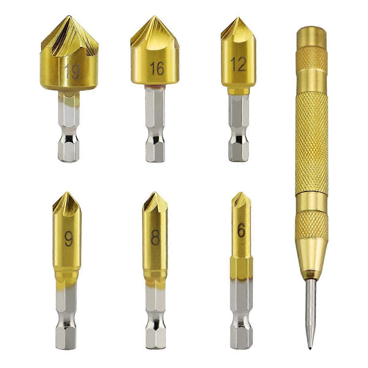 Saipor 6pcs 1/4'' Hex Shank HSS Countersink Drill Bit 5 Flute Countersink 90 Degree Chamfering Drill Bit for Wood DIY, 6/8/9/12/16/19mm