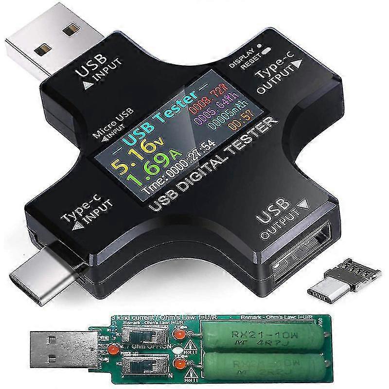 Tester Usb C, 2 In 1 Tipo C Tester Usb Schermo A Colori Ips Multimetro Digitale, tensione, corrente, potenza, tem TAO