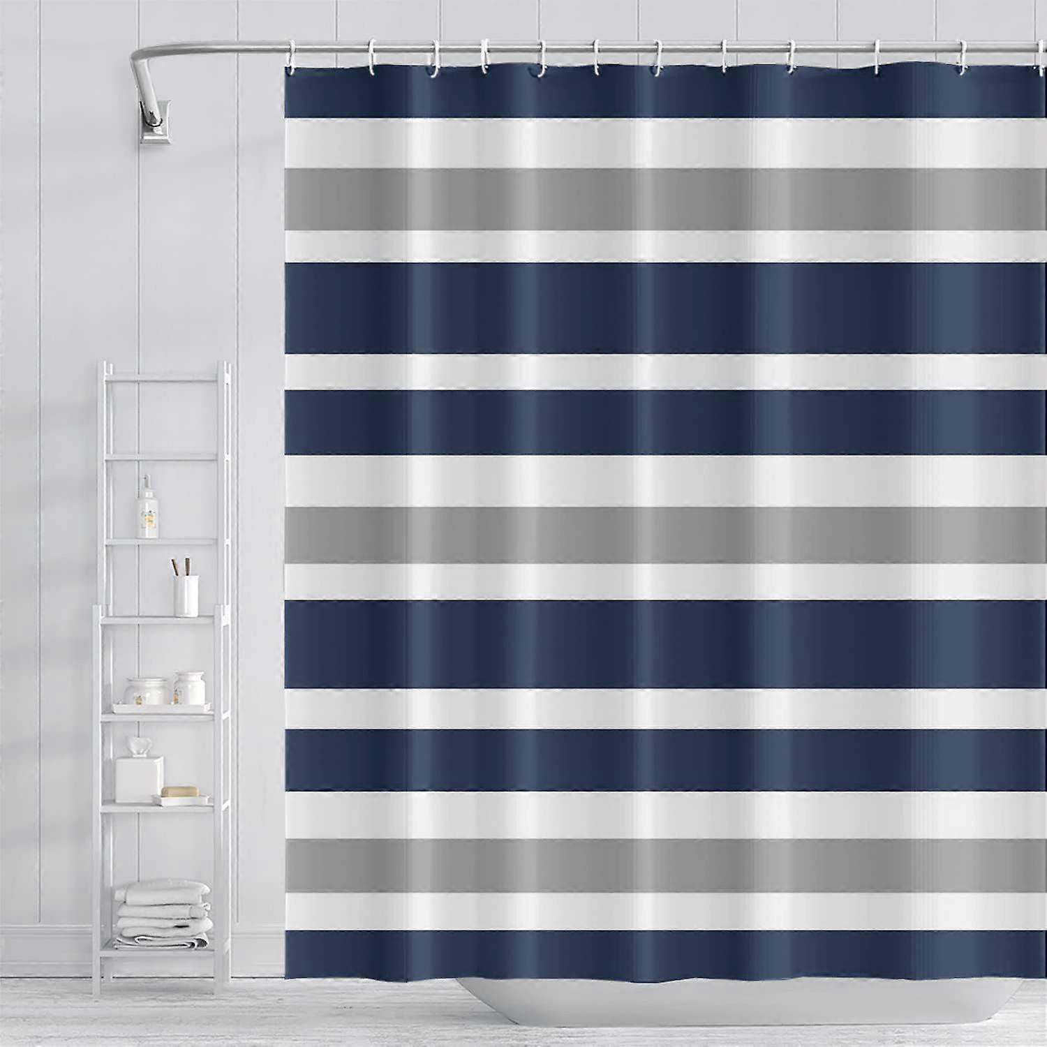 ストライプ生地バスルームシャワーカーテンダークブルーグレーモダンな美学フック付きミニマリストシャワーカーテンポリエステル防水抽象芸術的なSH