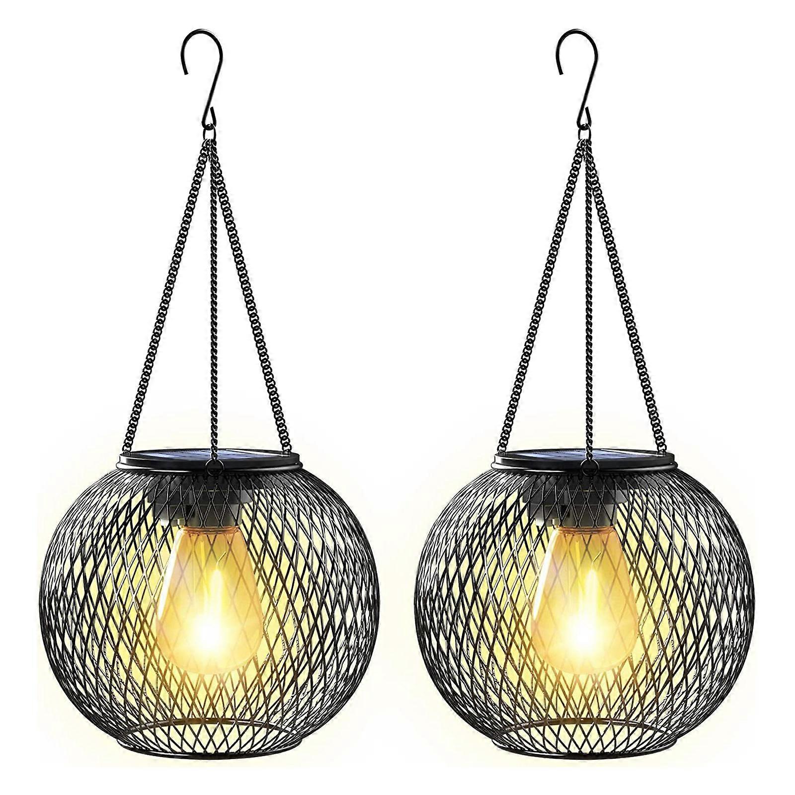 2 عبوة فوانيس معدنية معلقة بالطاقة الشمسية للحديقة ، ضوء أبيض دافئ