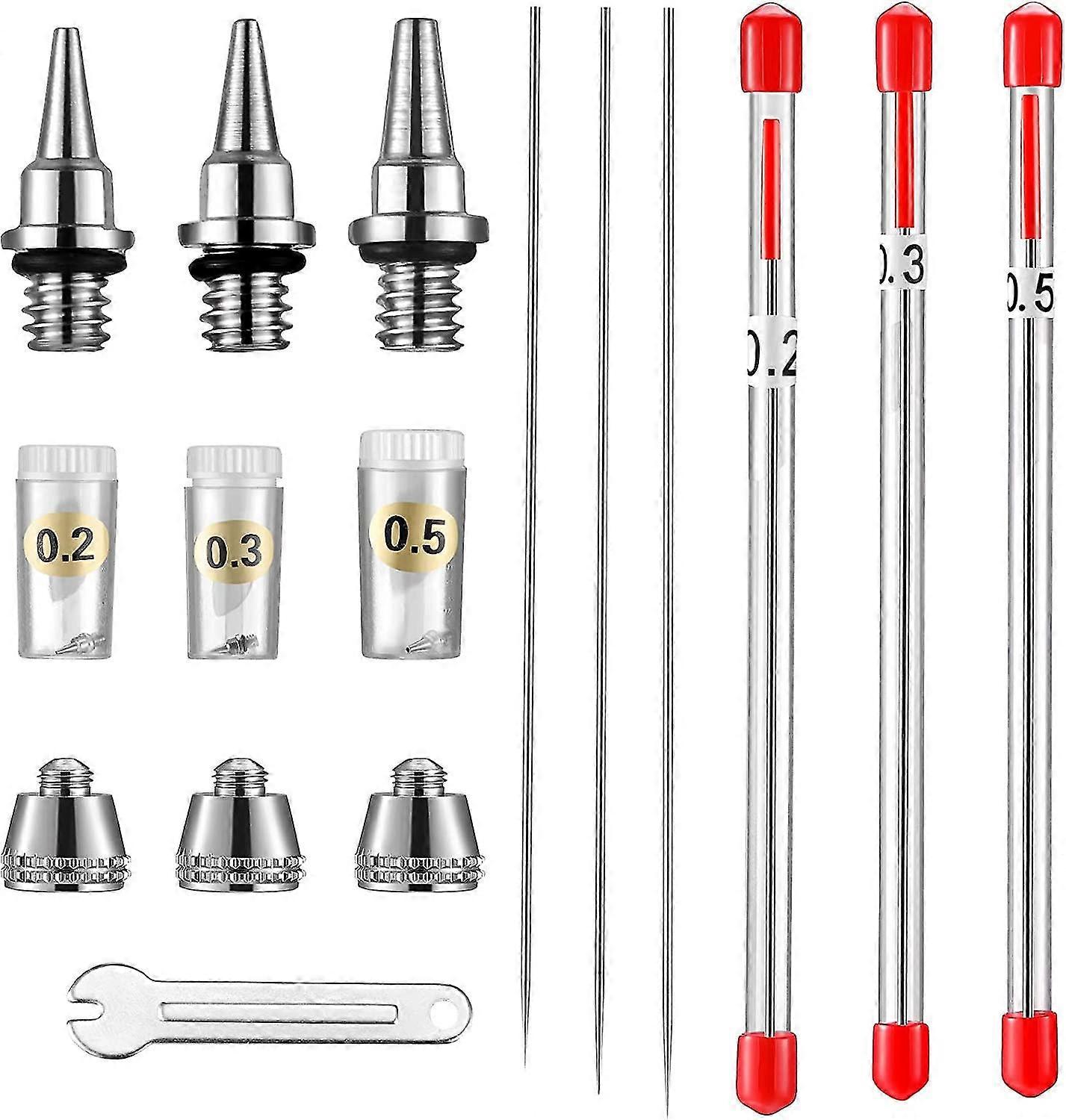 10 Pieces Airbrush Nozzle Needle Cap Kit With Wrench Airbrush Replacement Parts, 0.2 Mm, 0.3 Mm, 0.5 Mm