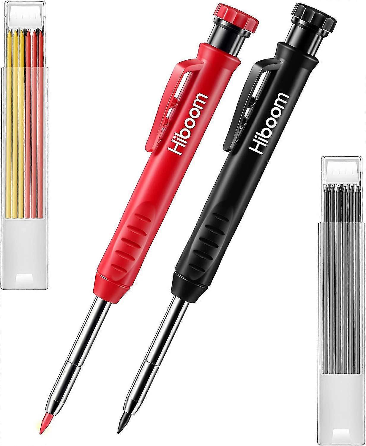 Packs Carpenter Pencils With 14 Refills, Mechanical Long Nose Deep Hole Pencil Marker With Built-In Sharpener For Carpenter Joiner (Black, Red)