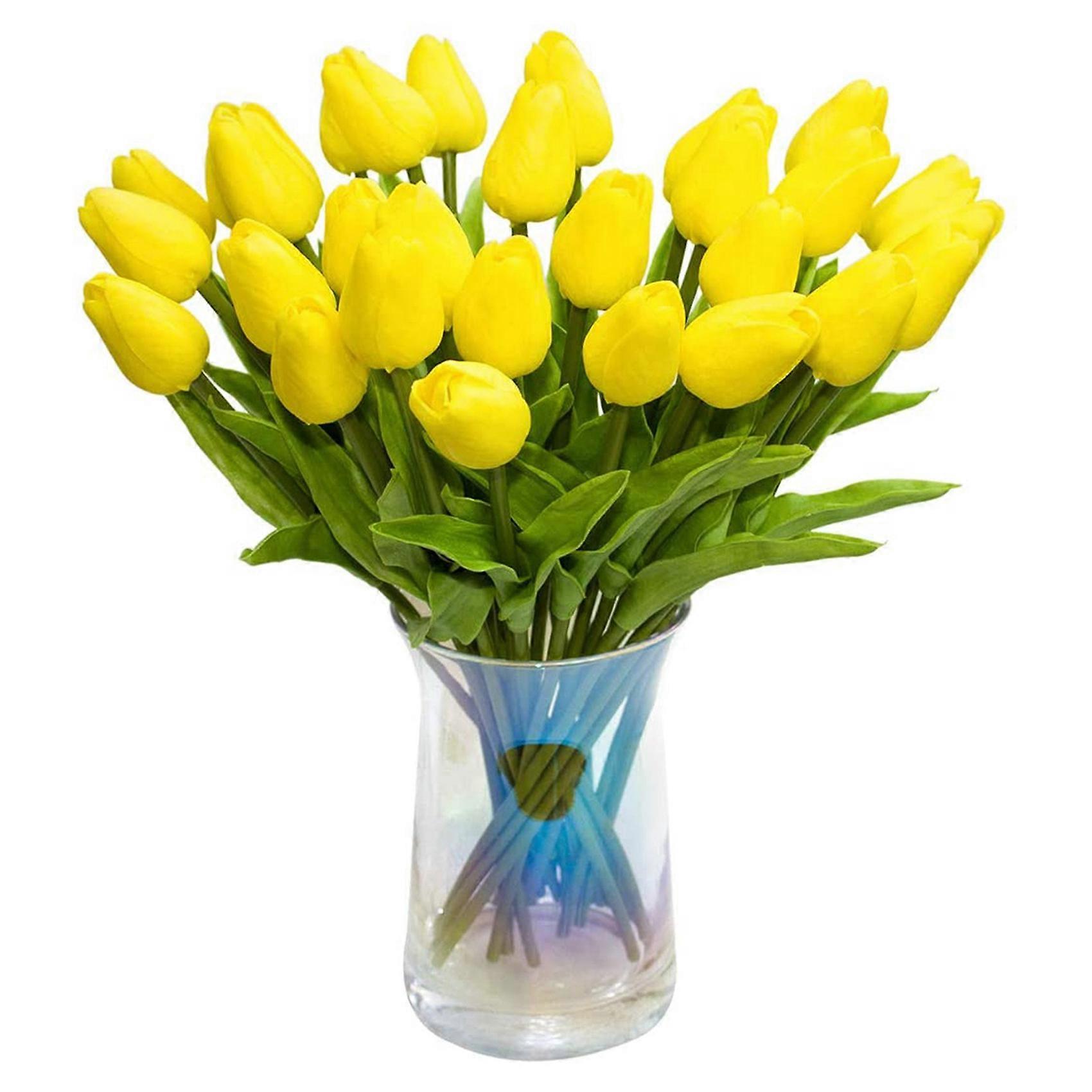 30Pcs Artificial Tulips Flowers Real Touch Tulips Fake PU Tulip Bouquet Latex Flower White Tulip(Yellow)